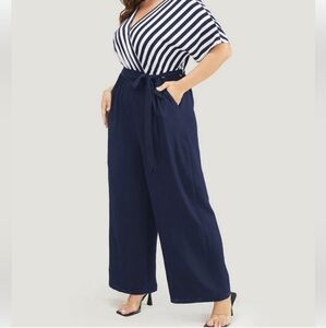 BloomChic Blue & White Striped Batwing Sleeve Belted Jumpsuit - Size 18/20